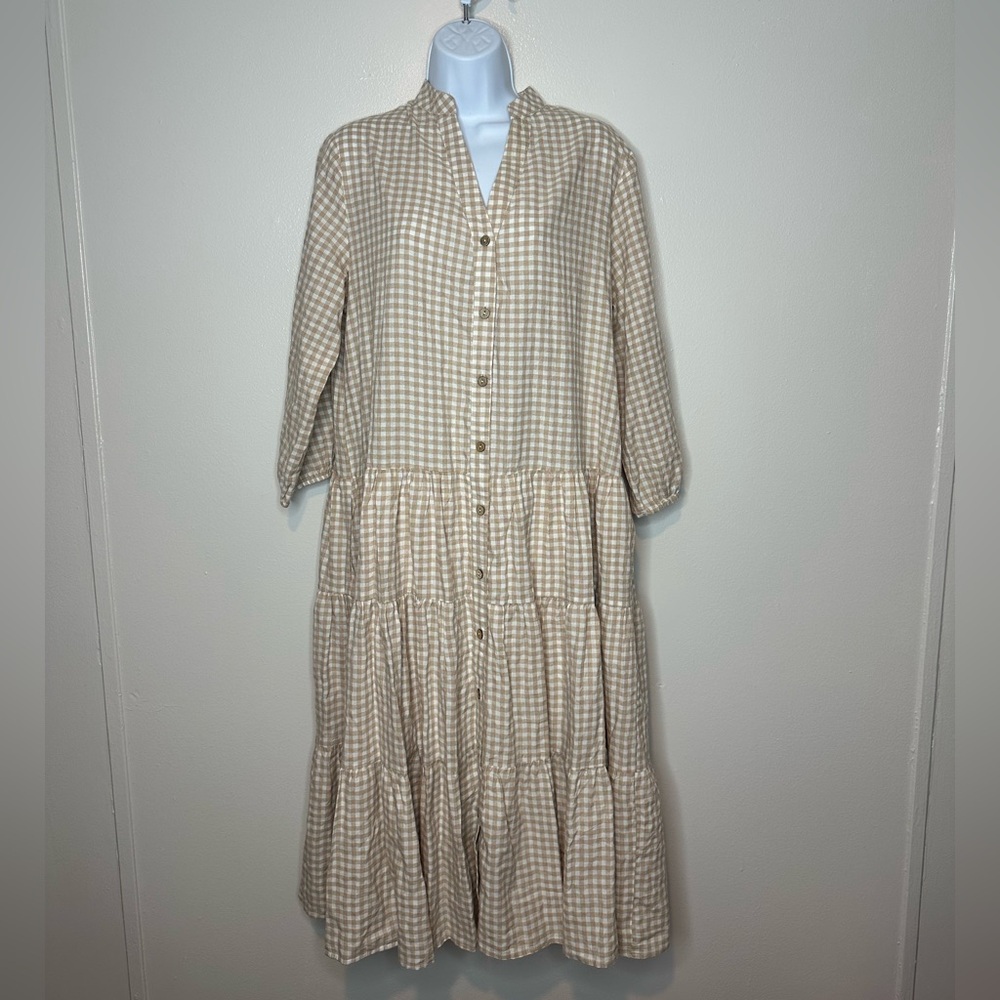 Iris Maxi The Label Gingham 3/4 Sleeve Dress in Beige Size 12 Womens